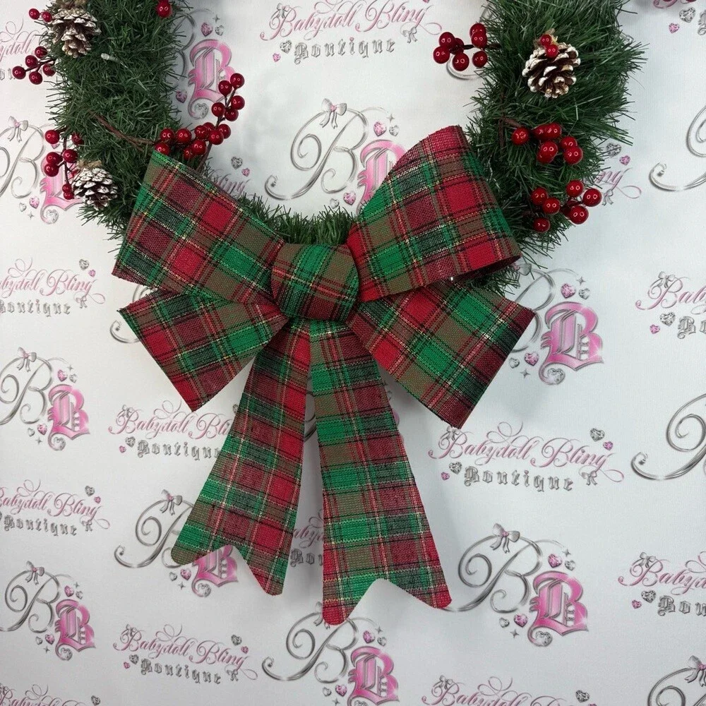 Wreath light up Festive Holiday Wreath acorns Red and Green Plaid Bow lights